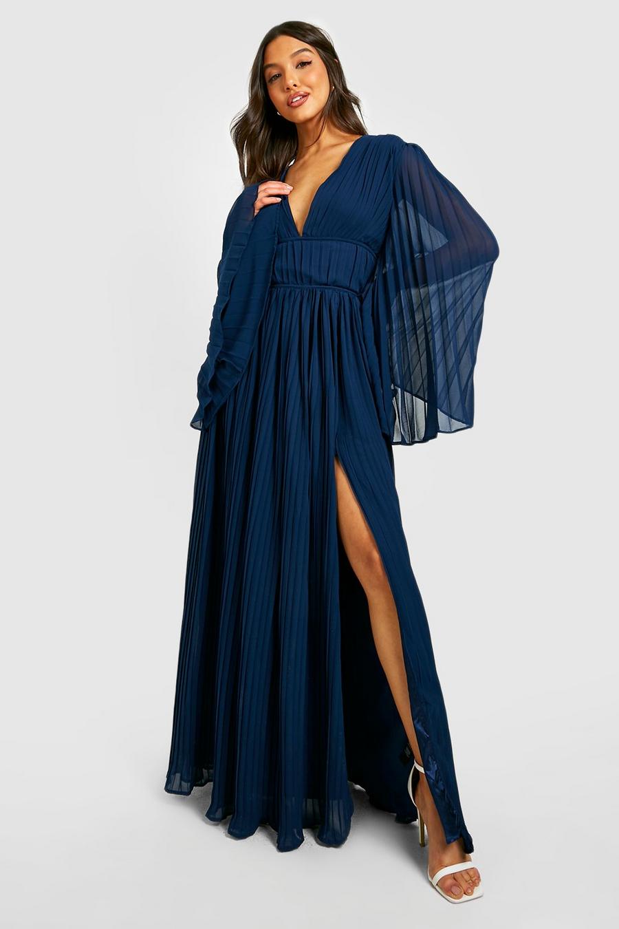 Navy Bridesmaid Pleated Chiffon Maxi Dress