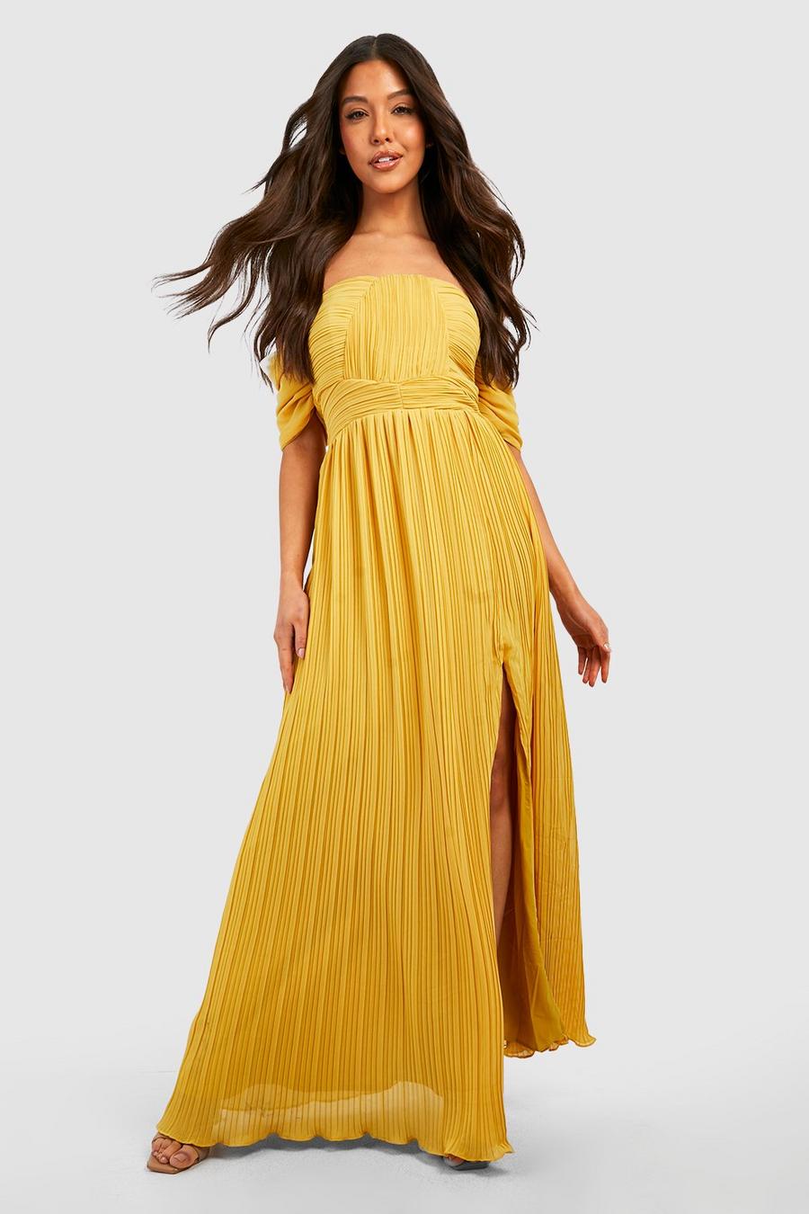 Mustard Bardot Pleated Chiffon Maxi Dress 