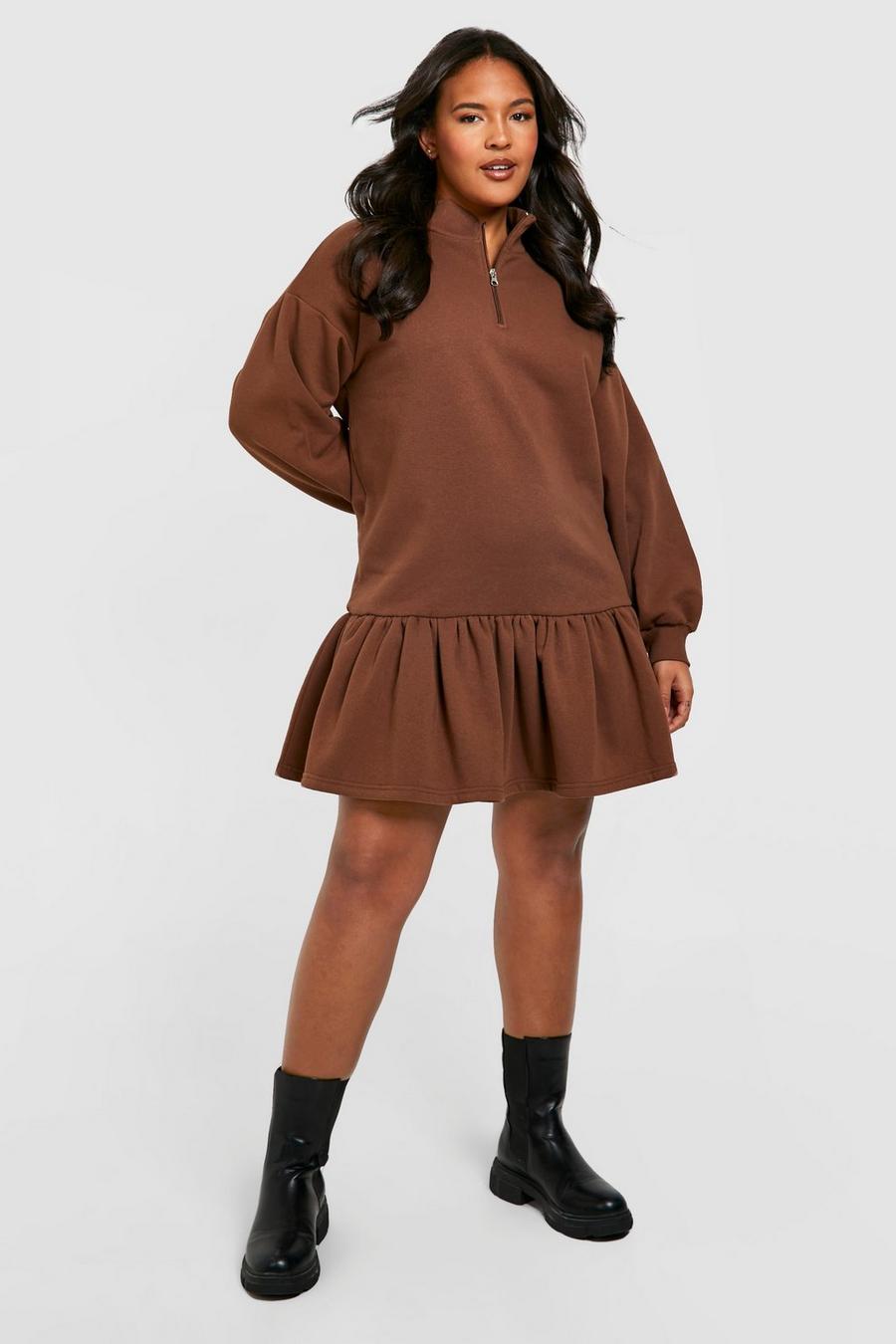 Chocolate Plus Frill Hem Half Zip Sweater Dress 