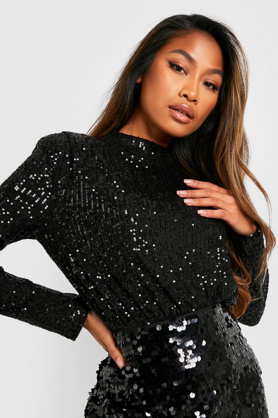 Black Glitter Bodysuit Met Hoge Hals En Pailletten