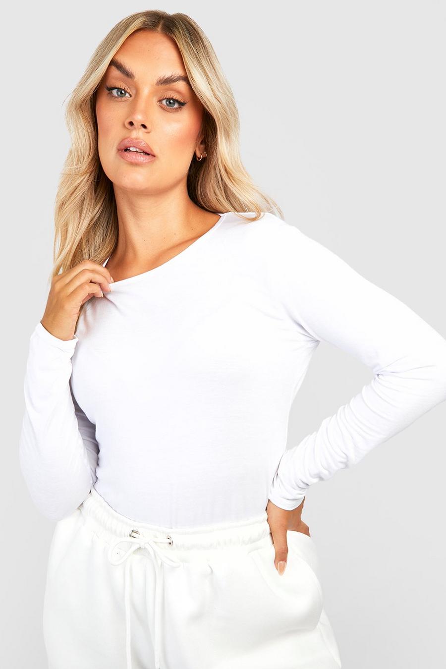 Grande taille - T-shirt basique à manches longues et encolure dégagée, White