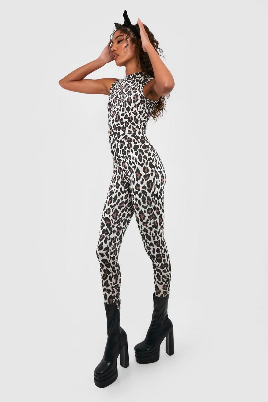 Tall hochgeschlossener ärmelloser Halloween-Jumpsuit mit Leopardenprint, Brown