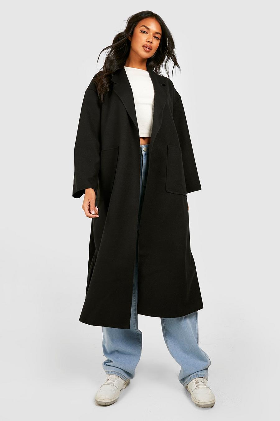 Cappotto oversize effetto lana con cintura, Black