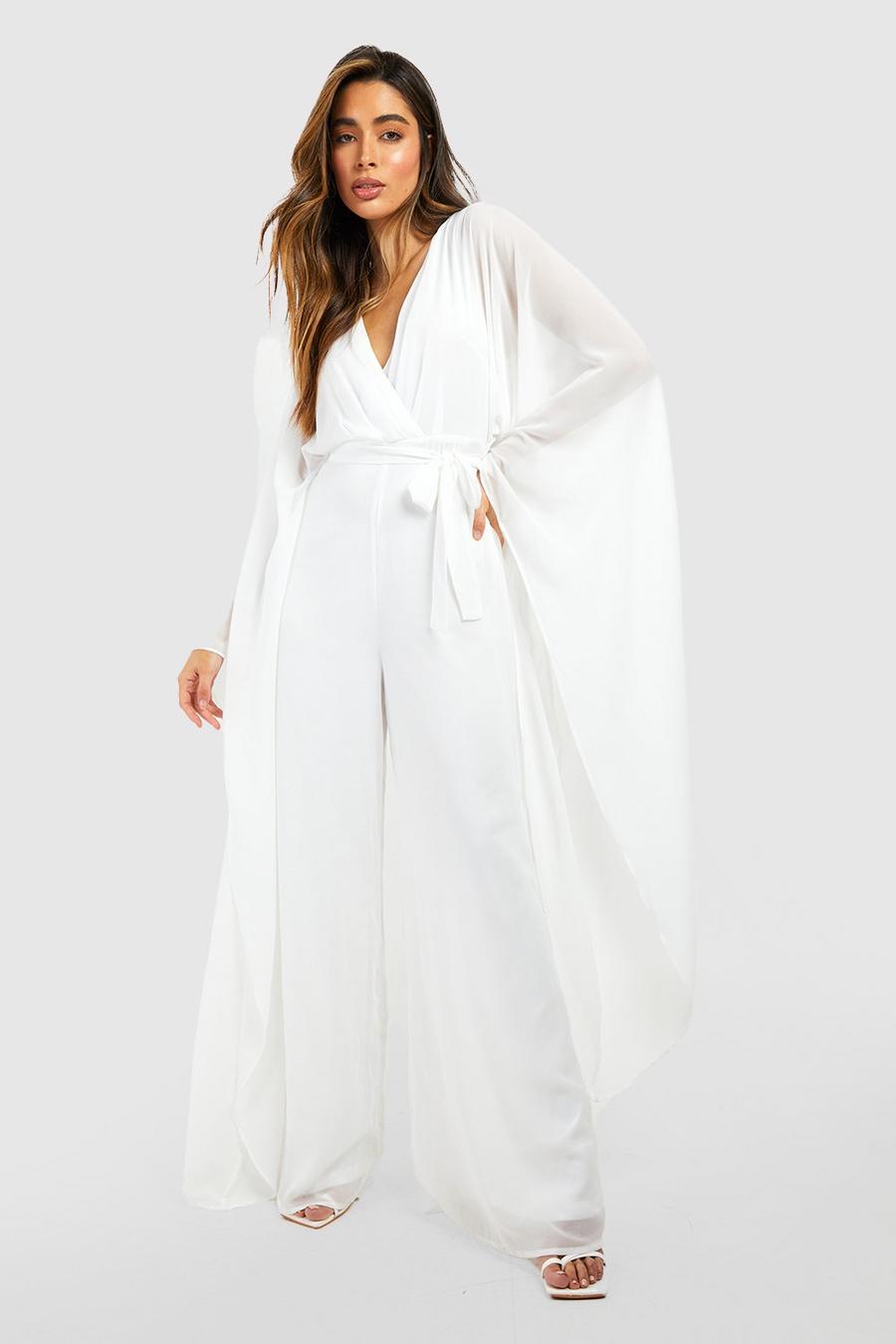 White Chiffon Wrap Cape Sleeve Jumpsuit