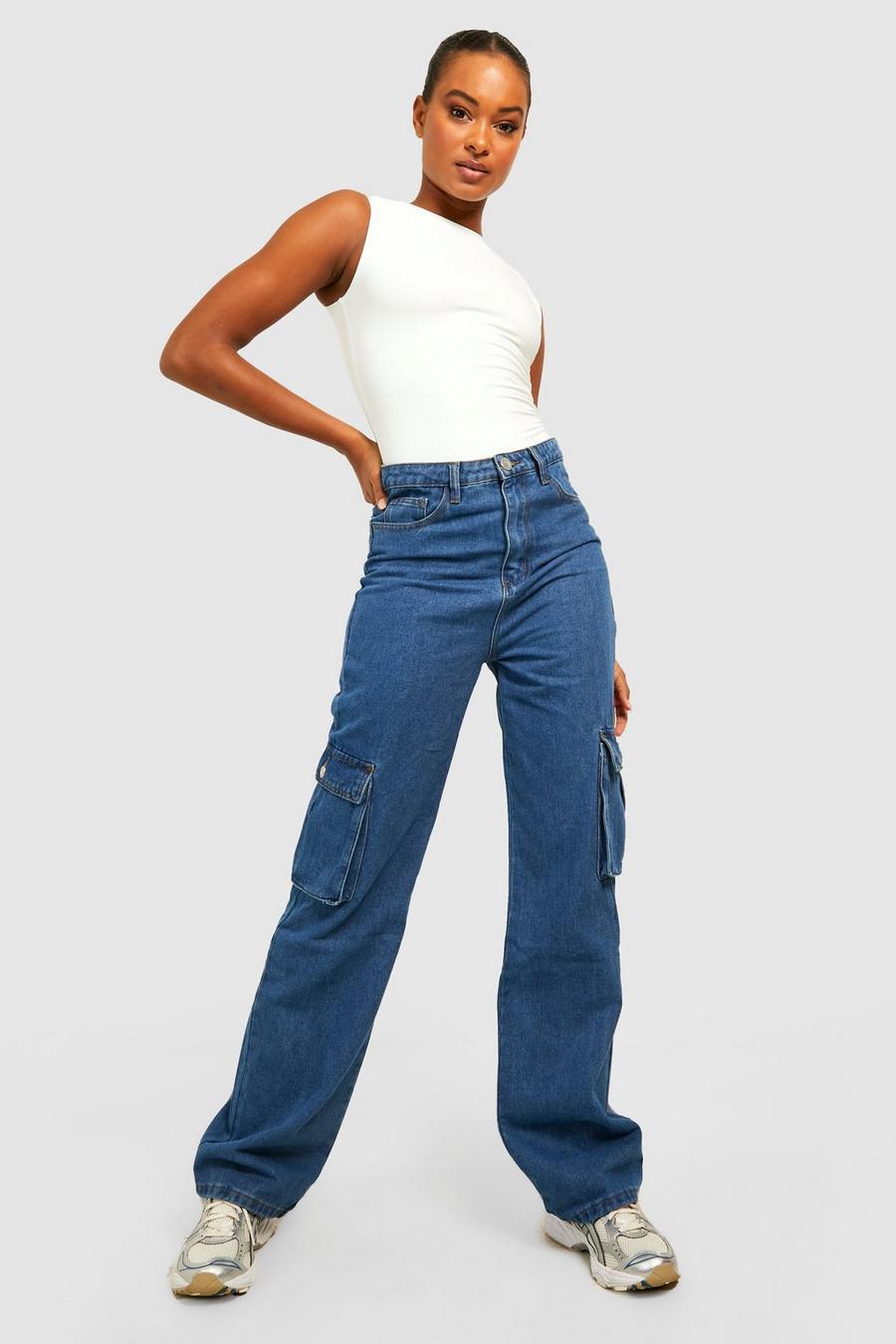 Mid wash Tall High Waisted Straight Fit Cargo Jeans
