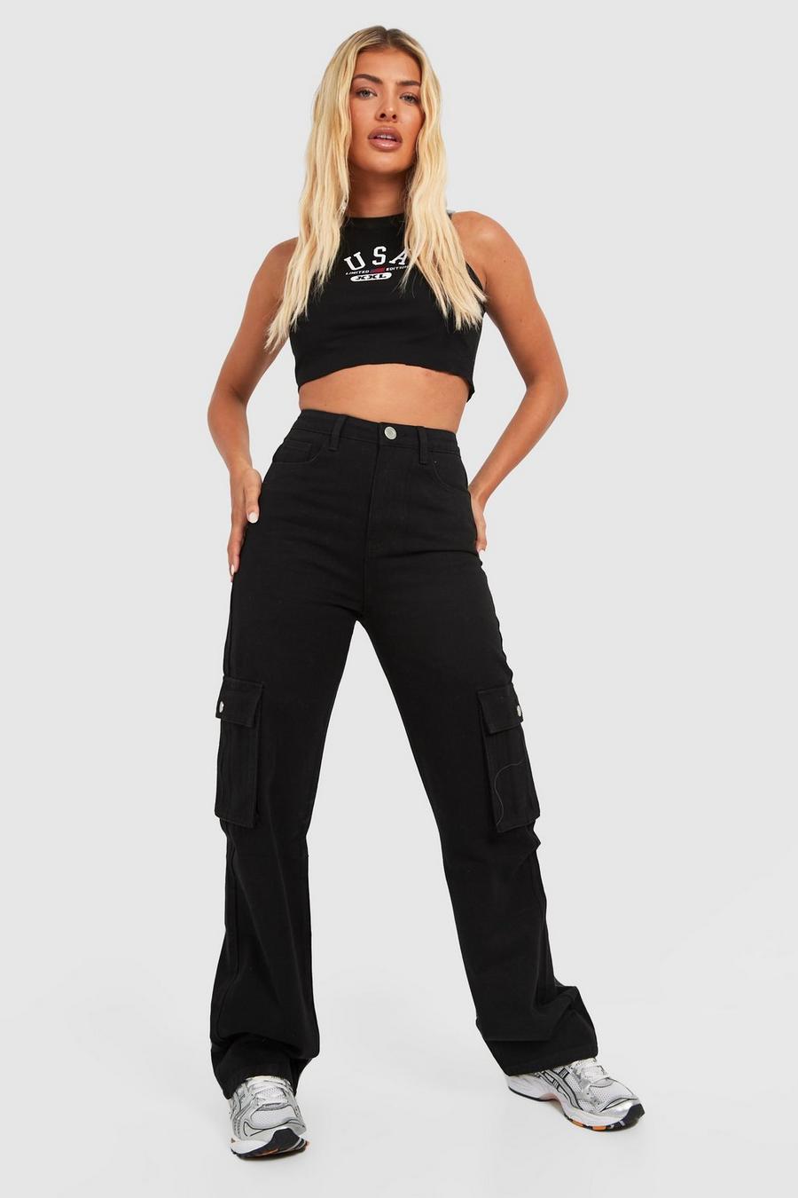Black High Waisted Straight Fit Cargo Jeans