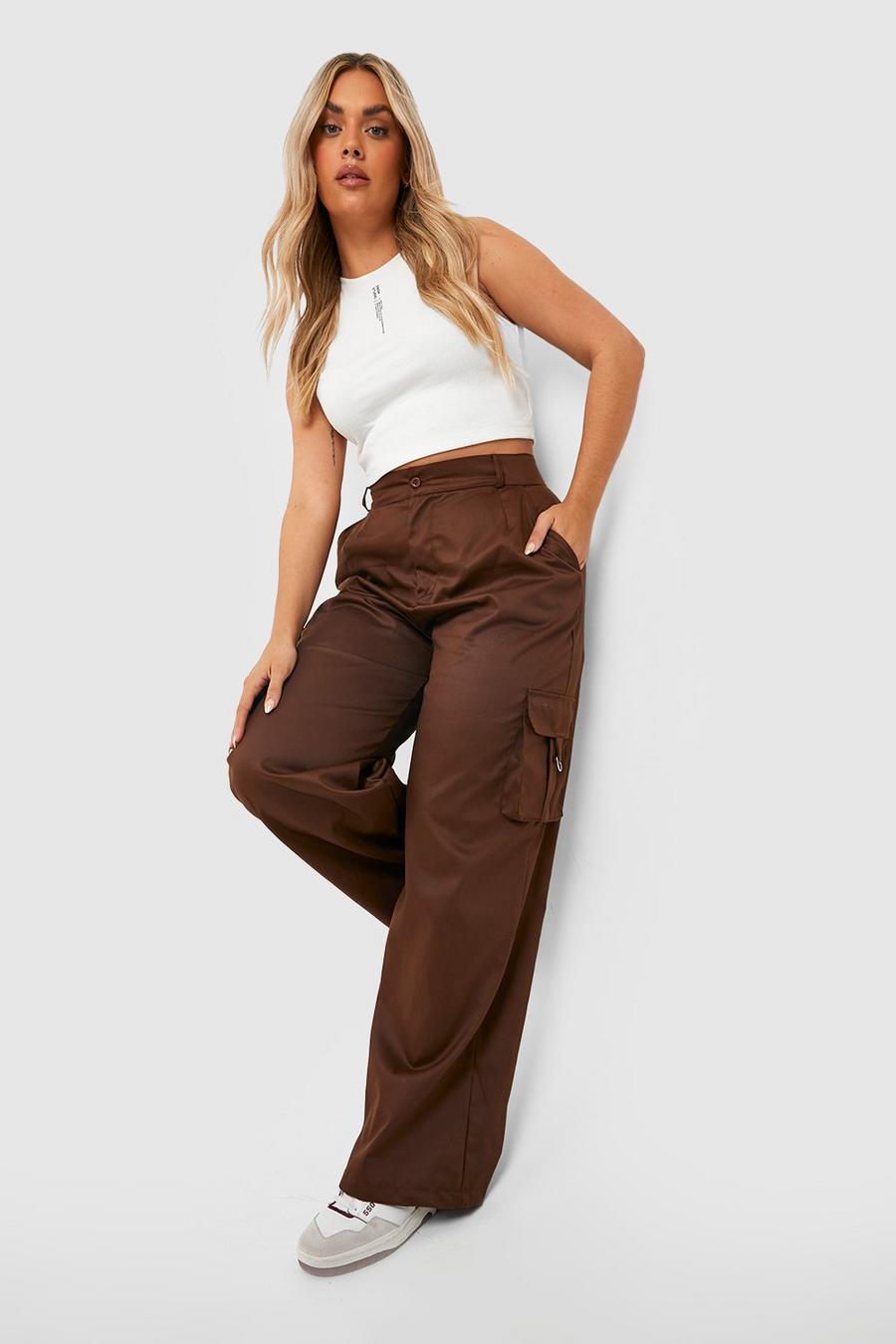 Pantaloni Plus Size a gamba ampia con tasche Cargo, Chocolate