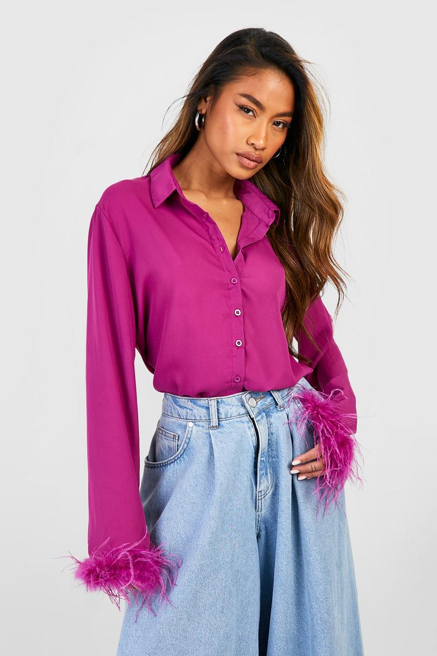 Camicia oversize in chiffon con piume, Purple