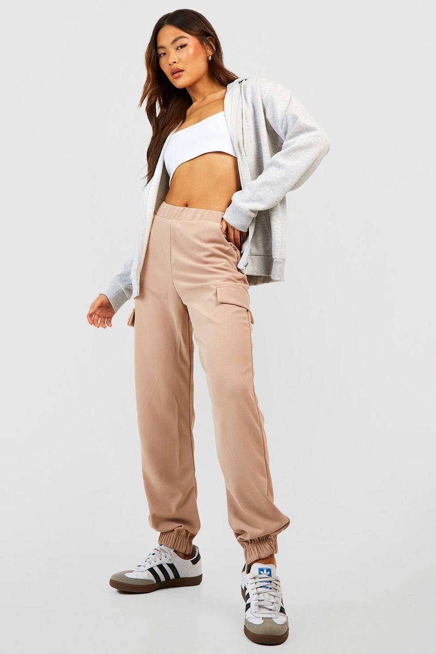 Taupe beige High Waisted Crepe Cargo Joggers