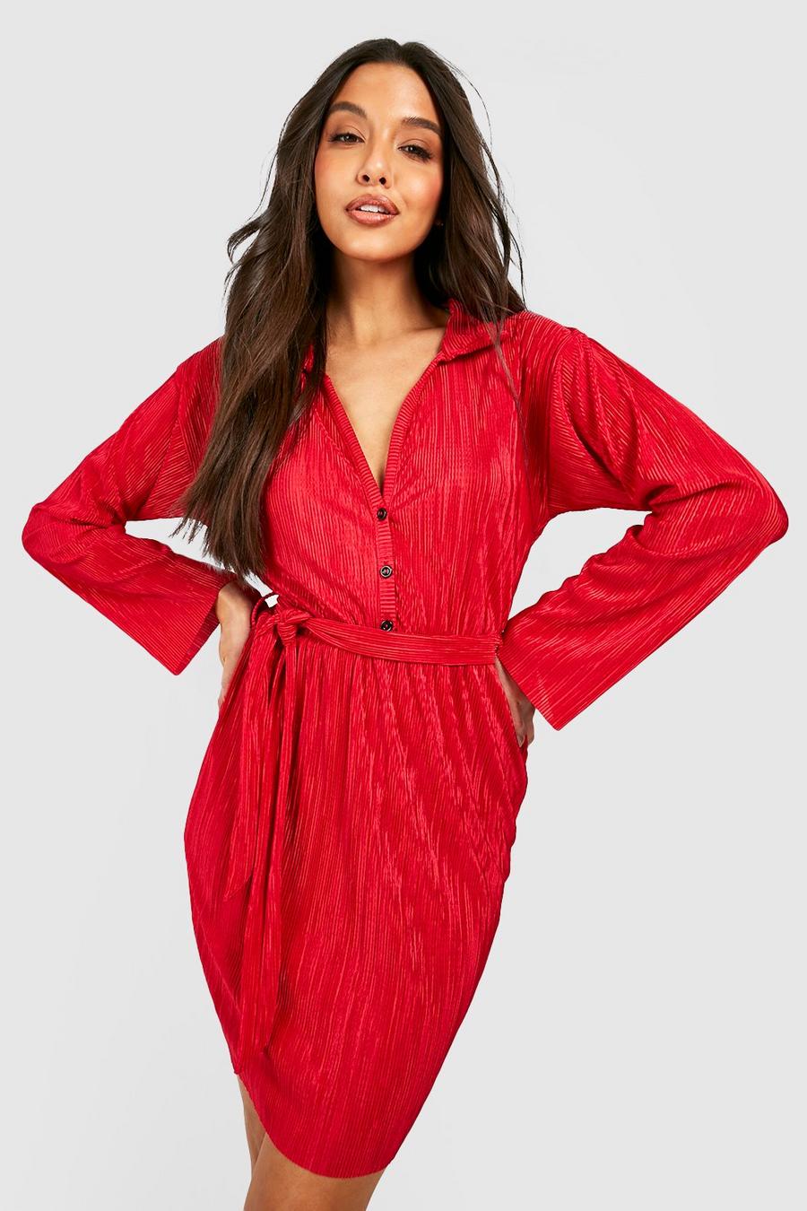 Plissee Hemd-Kleid mit Bindegürtel, Red