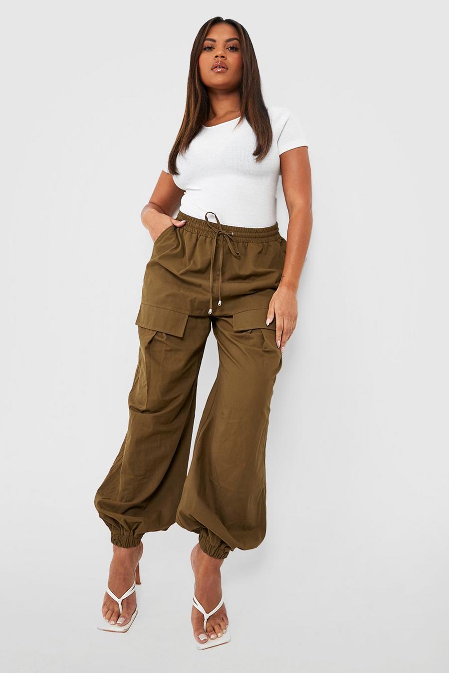 Pantaloni tuta Cargo Plus Size in tessuto, Khaki