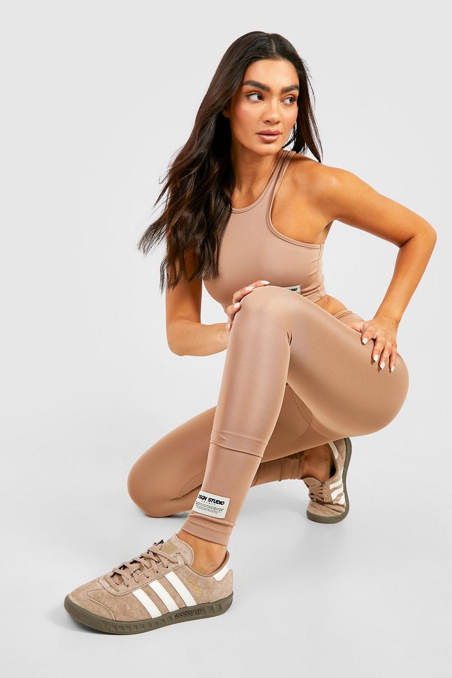 Taupe Woven Label Detail Workout Leggings