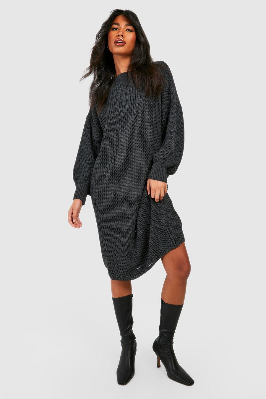 Charcoal Balloon Sleeve Knitted Maxi Dress