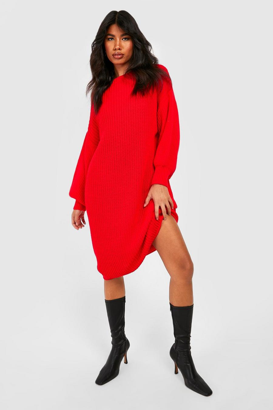 Vestito maxi in maglia con maniche a palloncino, Red image number 1