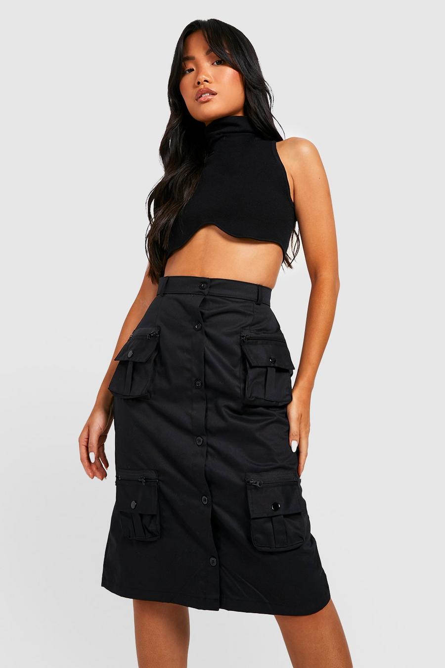 Black Petite Cargo Pocket Zip Detail Midi Skirt