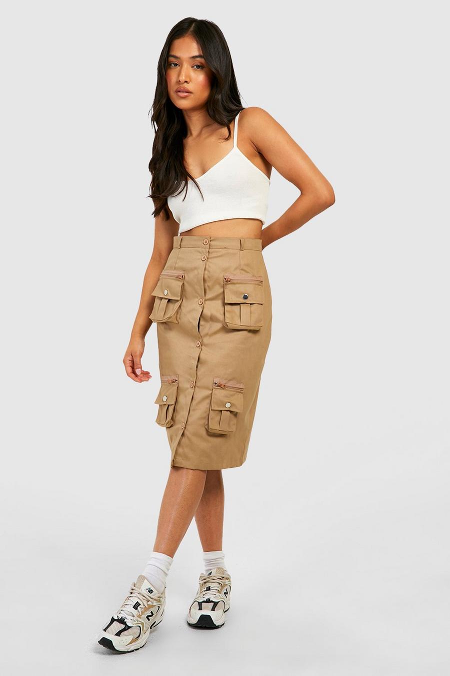 Stone Petite Cargo Pocket Zip Detail Midi Skirt