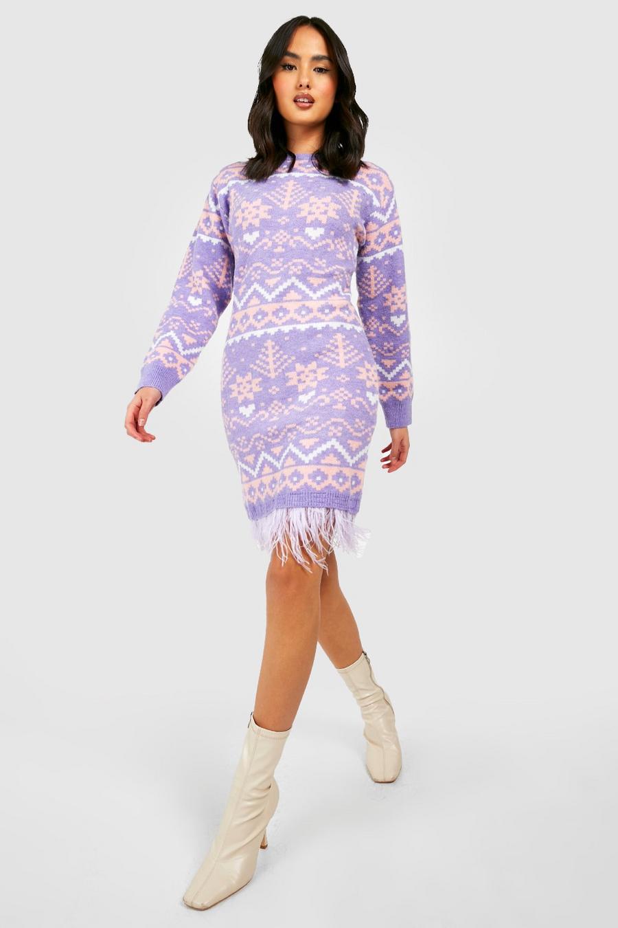 Lilac Premium Feather Trim Christmas Sweater Dress