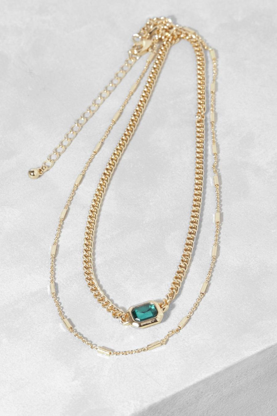 Gold Emerald Cut Station Double Row Chain Necklace