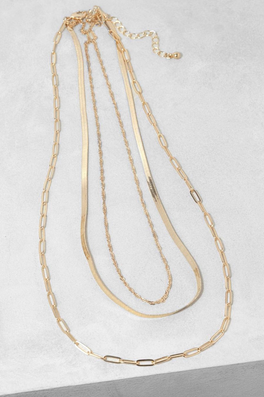 Gold metallic Snake And Twist Multi Row Chain Necklace