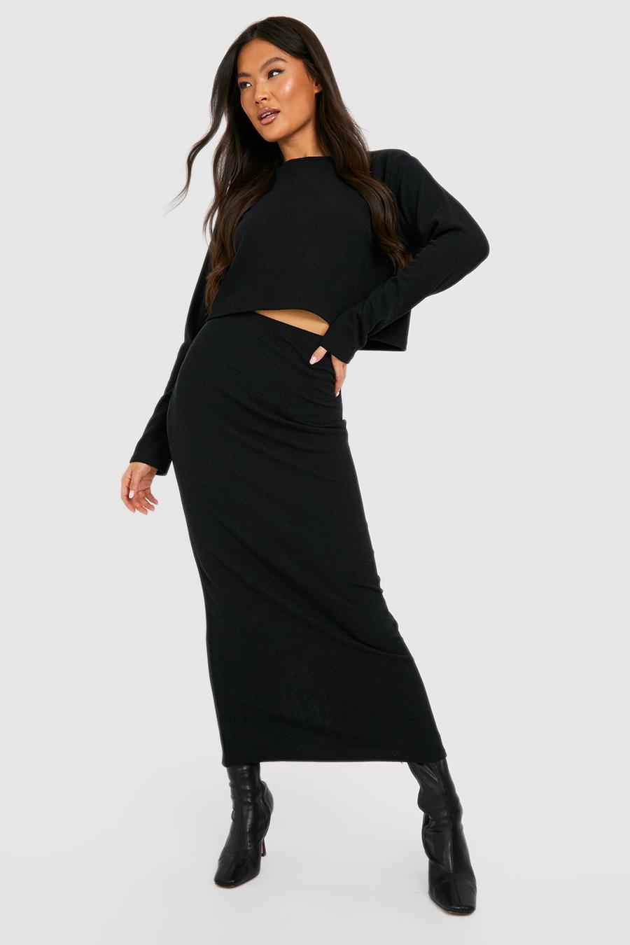 Black Ribbed Midi Skirt With Split