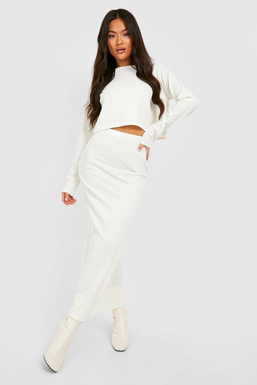 Ecru Geribbelde Boxy Crop Top Met Ronde Hals