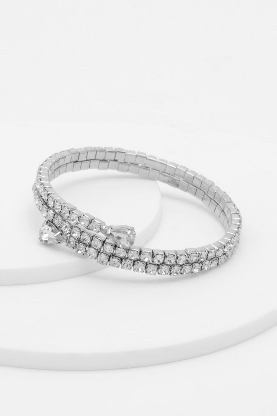 Silver Pear Drop End Crystal Multirow Bangle Bracelet
