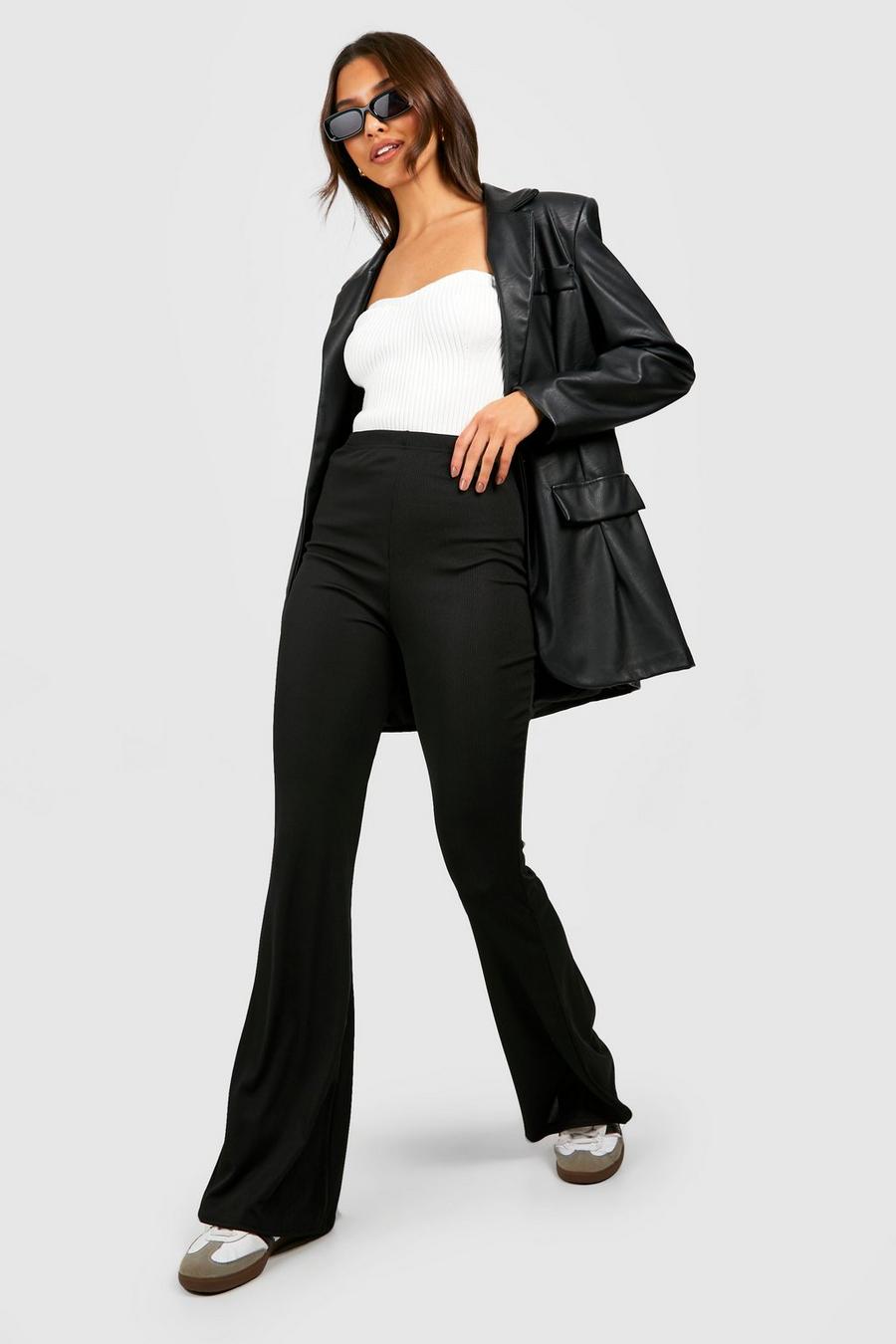 Black Basic Ribbed High Waisted Flare Trousers