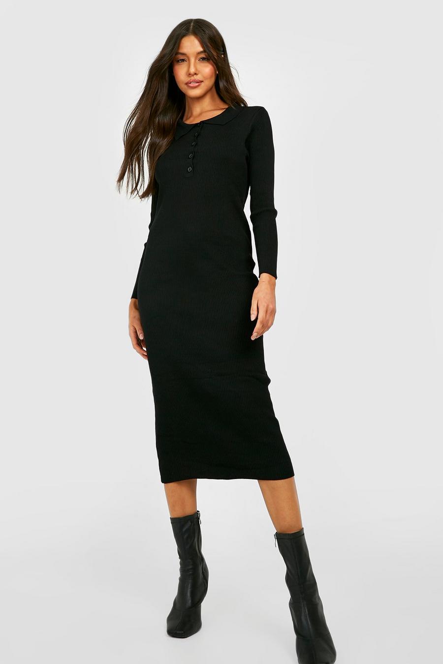 Black Polo Collar Rib Knitted Midi Dress