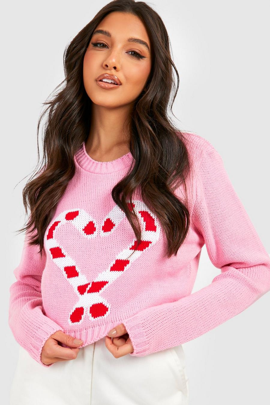 Pink Candy Cane Crop Christmas Sweater