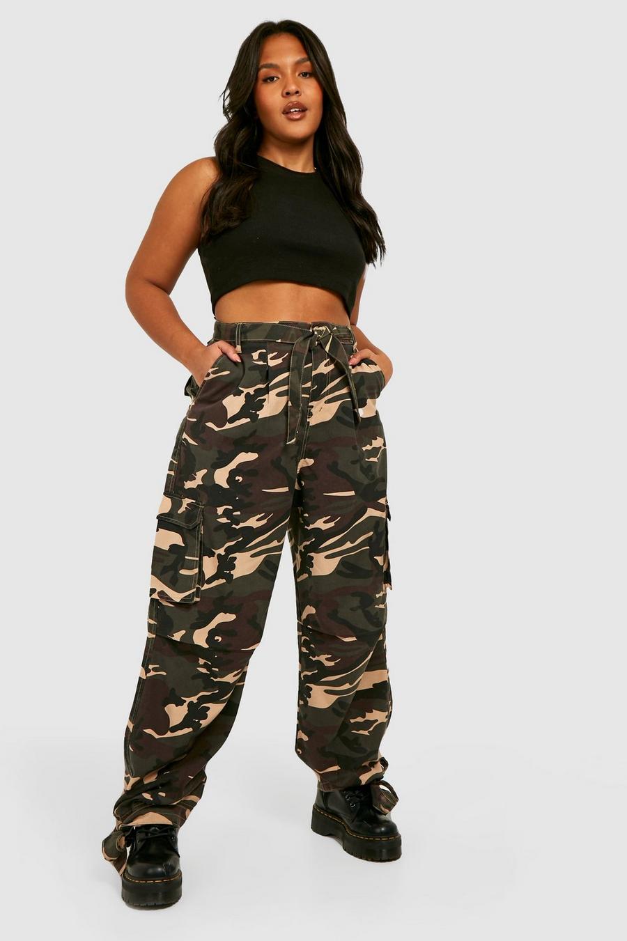 Plus Washed Camo Tie Hem Baggy Cargo Trousers image number 1