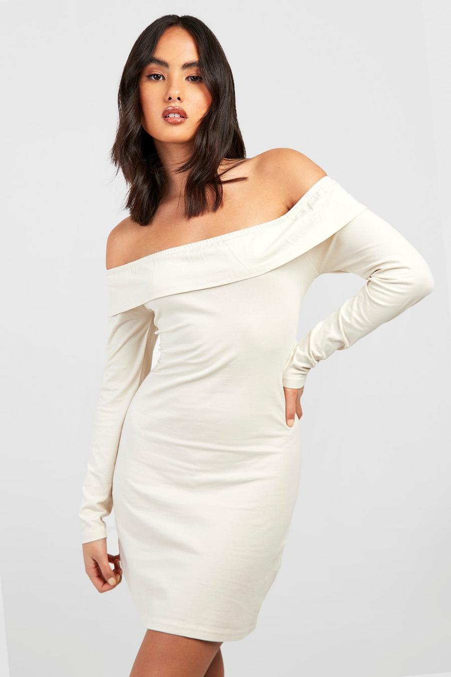 Stone Long Sleeve Mini Off The Shoulder Frill Bodycon Dress