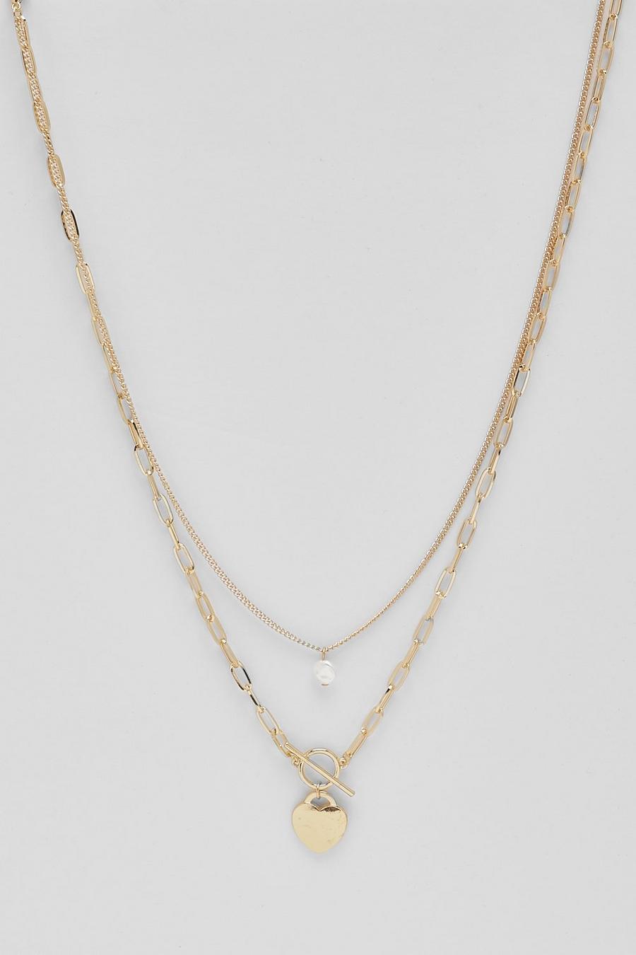 Gold Polished Heart Charm T Bar Double Layer Necklace