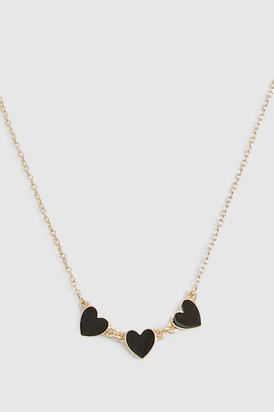 Gold Black Enamel Triple Heart Detail Necklace