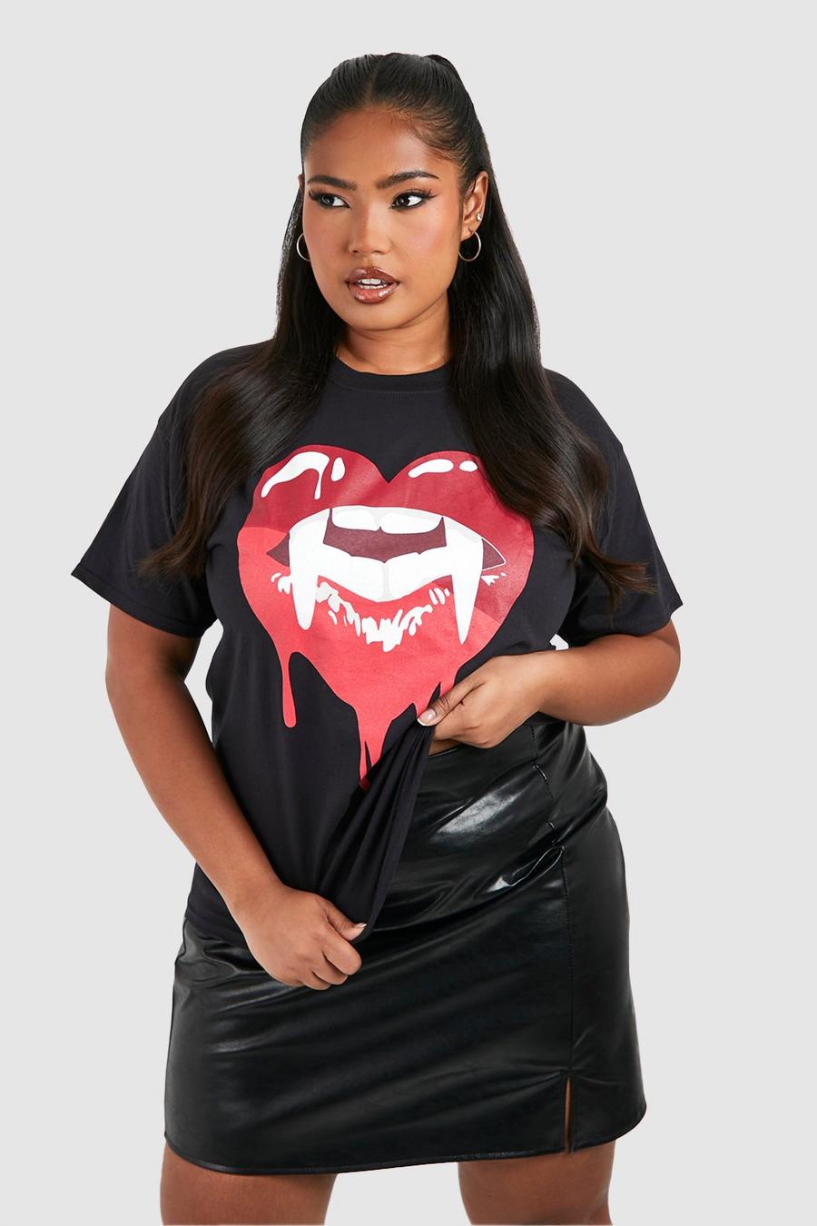 Black Plus Vampire Lips Halloween Printed Oversized T-shirt 