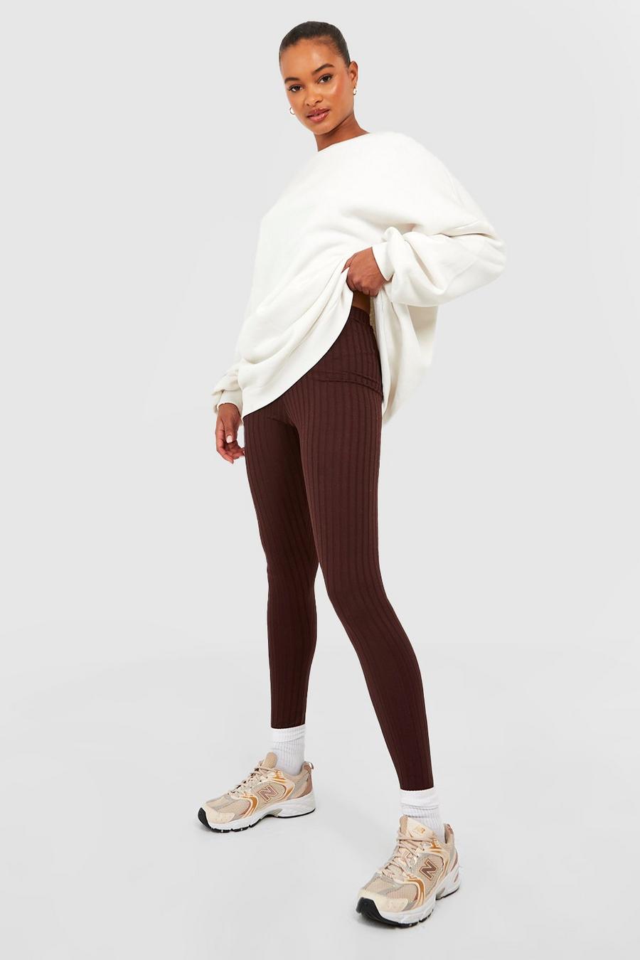 Chocolate Tall Thick Ribbed Mid Rise Basic Leggings