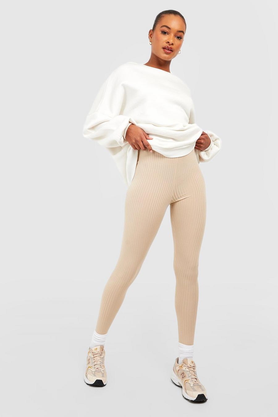 Sand Tall Thick Ribbed Mid Rise Basic Leggings