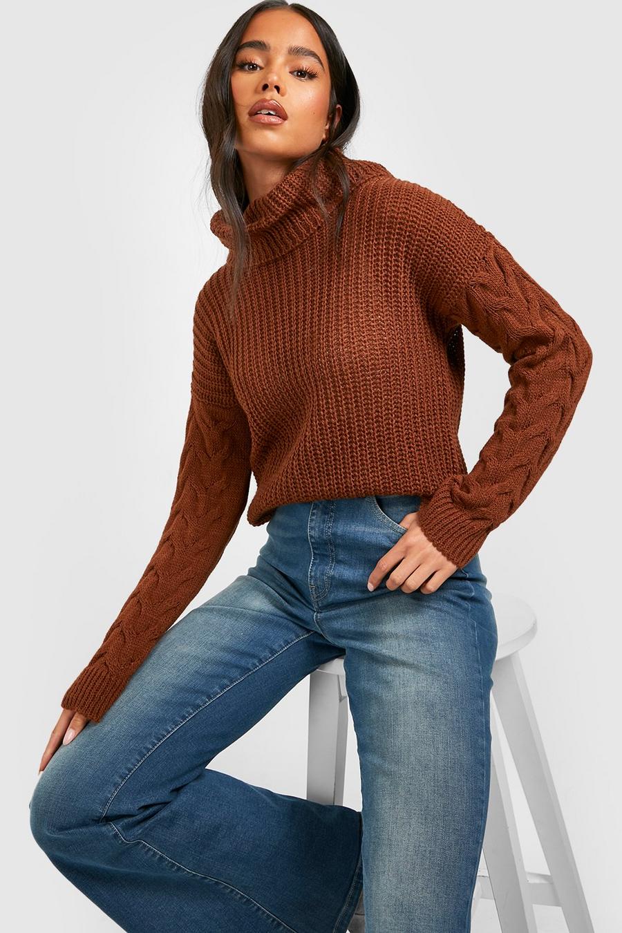 Chocolate Petite Roll Neck Cable Sleeve Jumper 