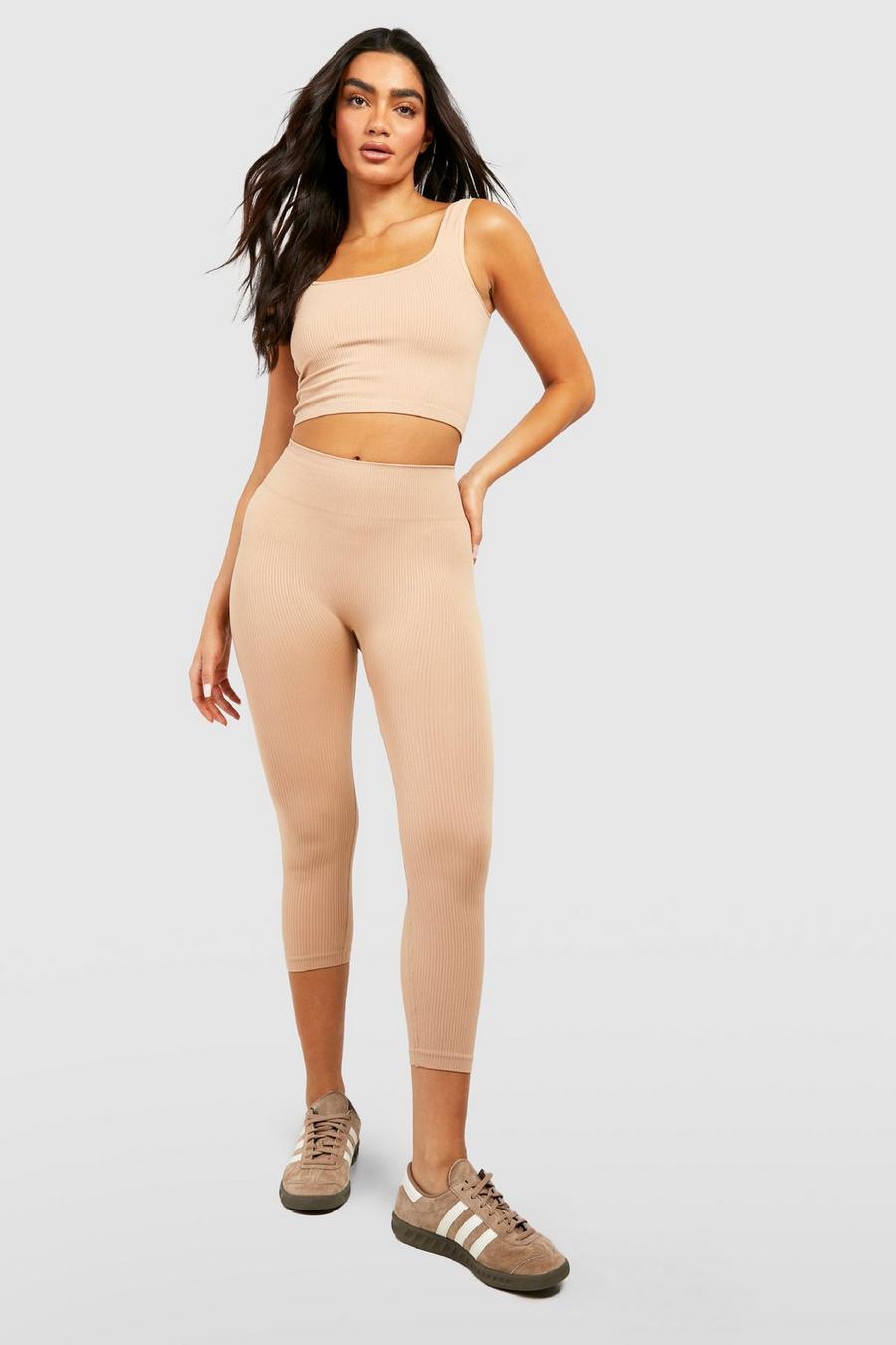 Taupe Seamless Ribbed Sculpt Leggings image number 1