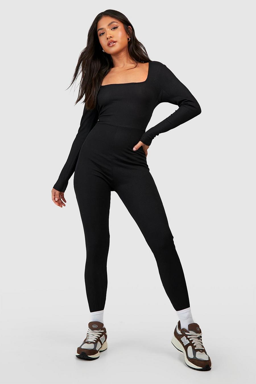 Black Petite Basic Jersey Jumpsuit Met Vierkante Hals