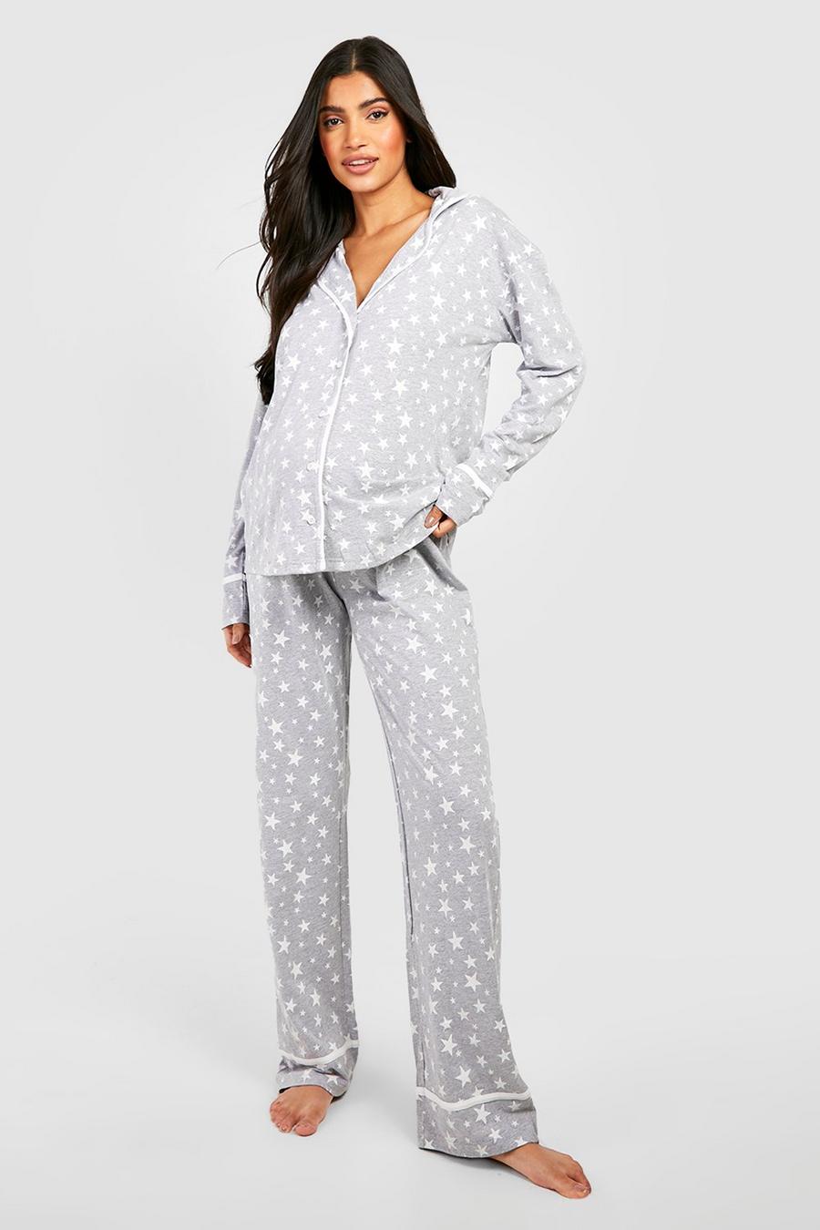 Grey Maternity Star Print Pipe Detail Pajama Set