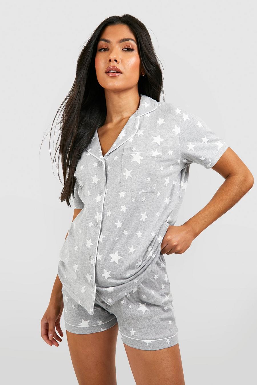 Grey Maternity Star Print Pipe Detail Pyjama Short Set image number 1