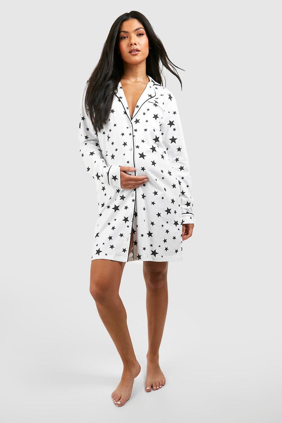 White Maternity Star Print Pipe Detail Nightgown