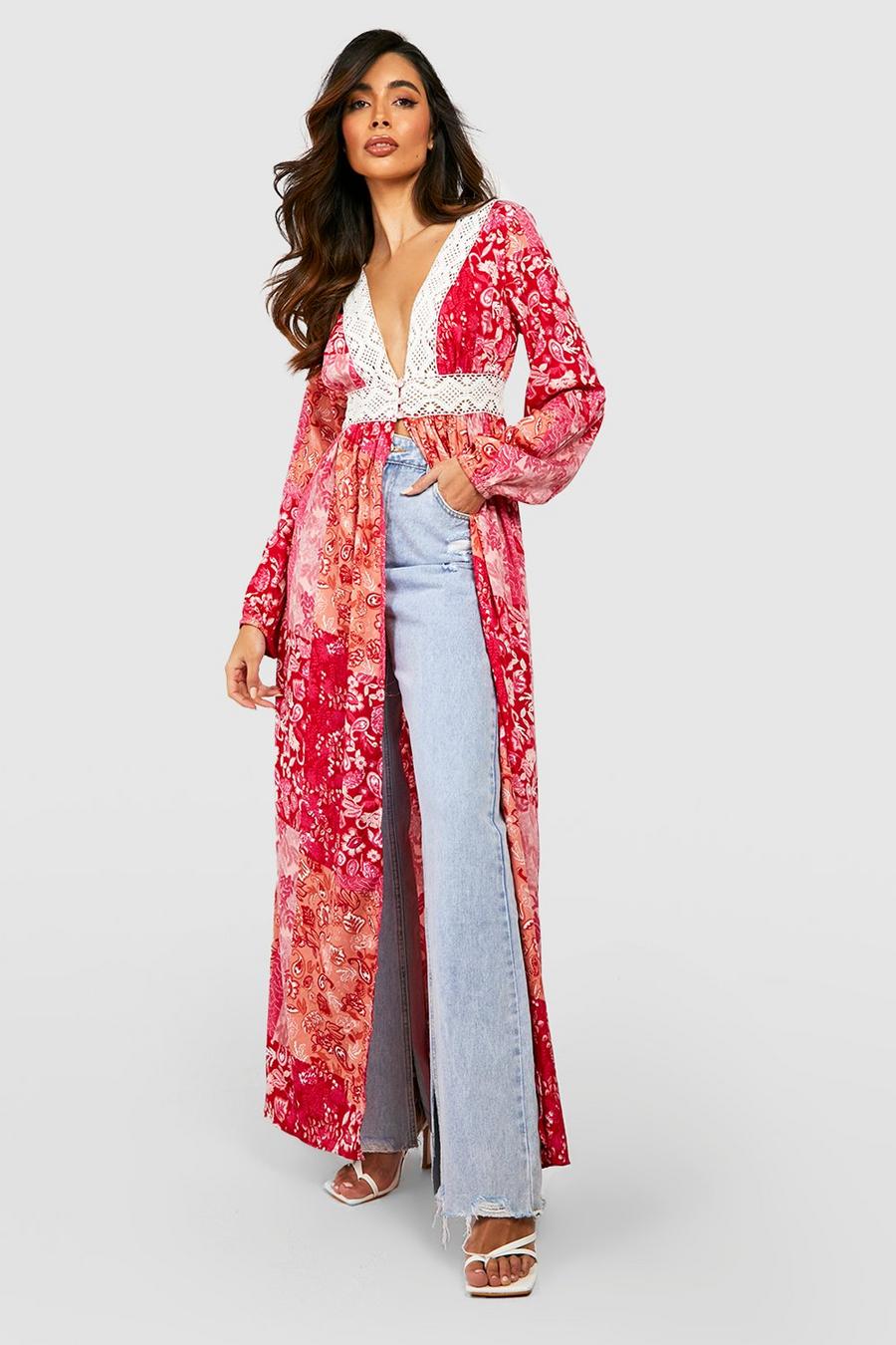 Pink Mönstrad lång kimono med virkade detaljer