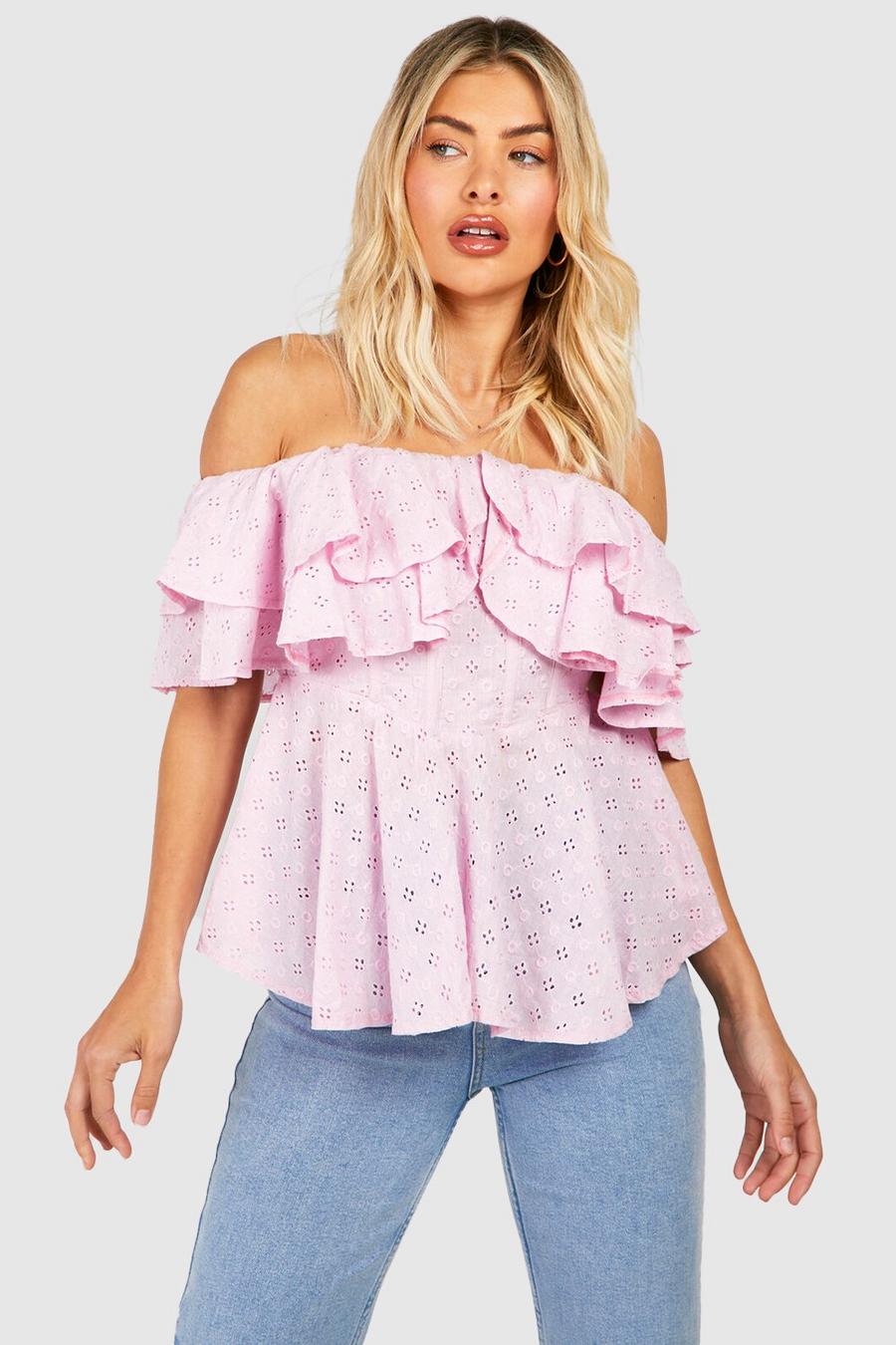 Lilac Off Shoulder Broderie Corset Top Met Ruches