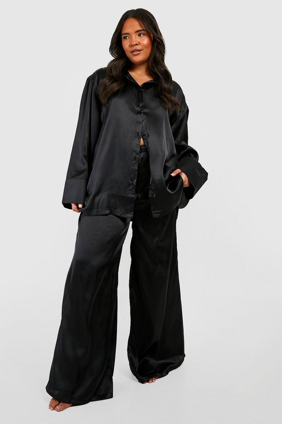 Pijama Plus oversize de raso con pantalón largo y camisa, Black