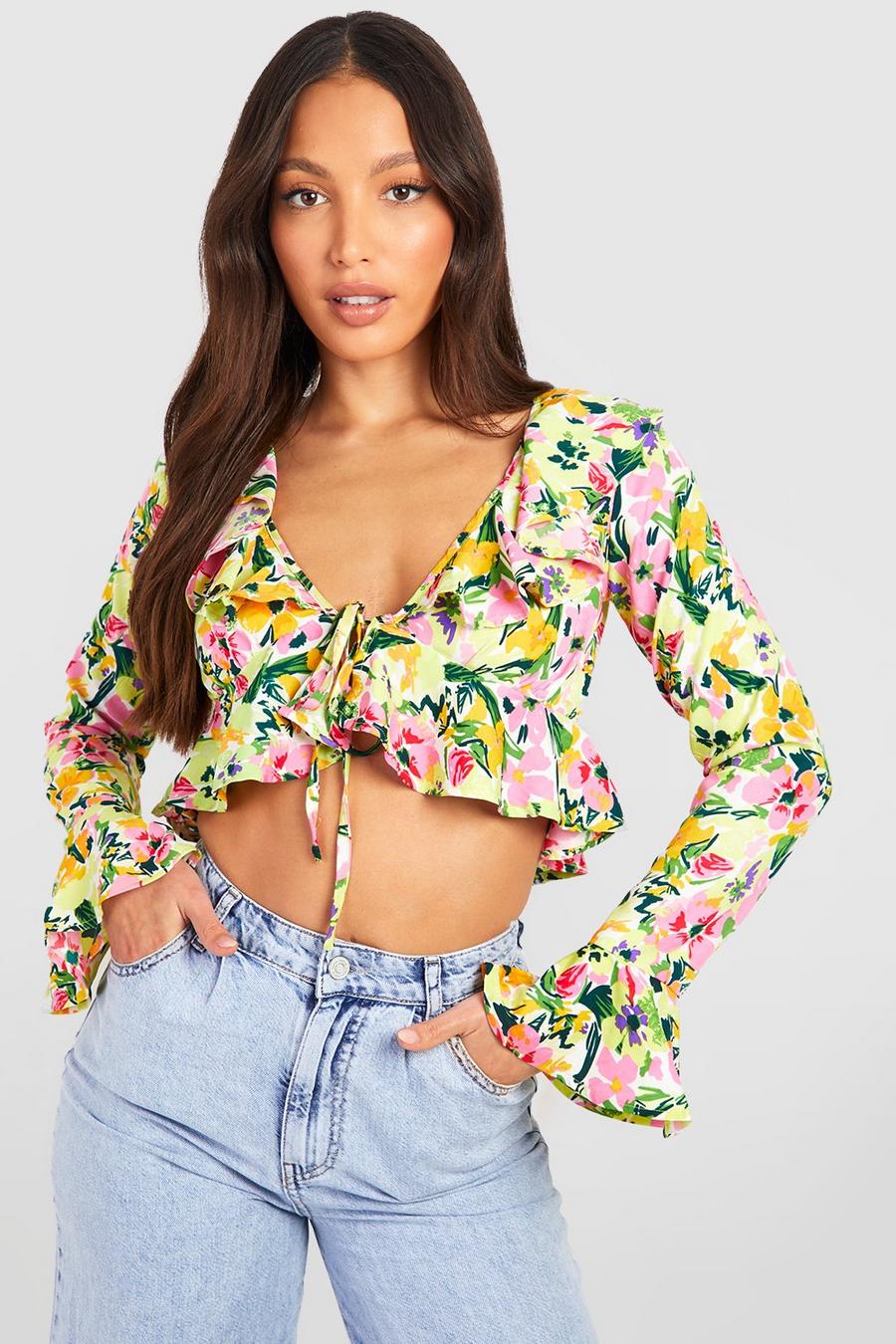 Green Tall Floral Ruffle Tie Front Crop Blouse