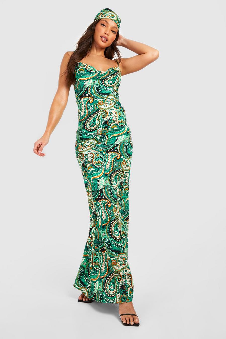 Green Tall Bright Paisley Maxi Dress With Matching Headscarf