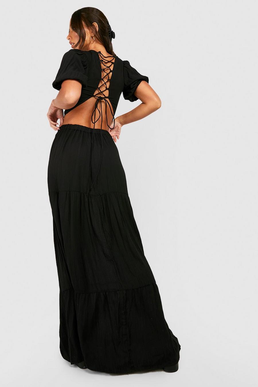 Black Tall Crinkle Tie Detail Crop And Maxi Skirt Set