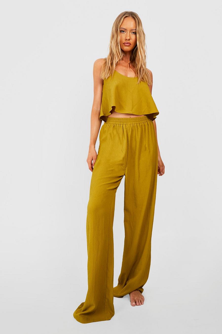 Olive Tall Textured Swing Crop And Wide Leg Pants Set