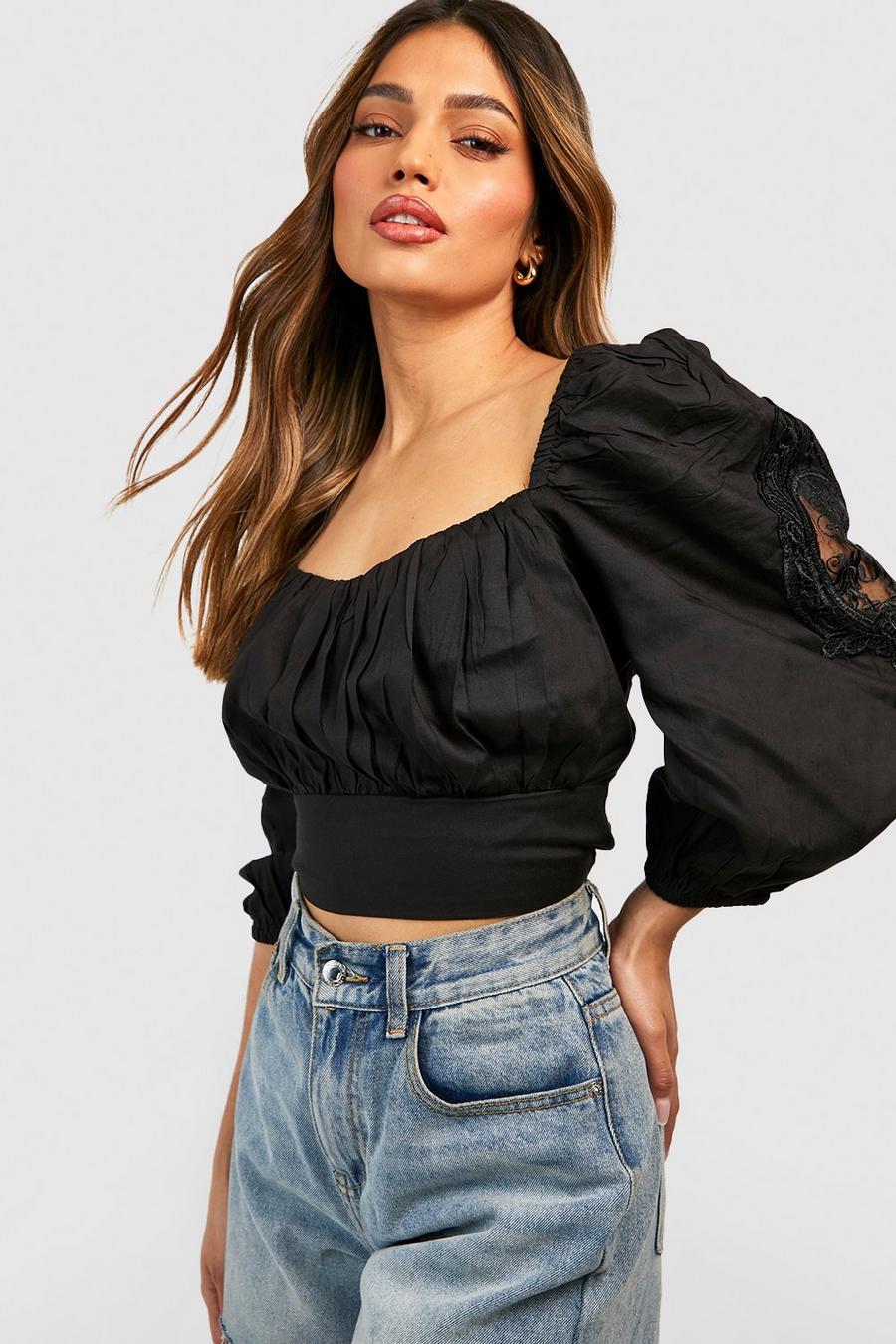 Black Cut Out Embroidered Crop Top